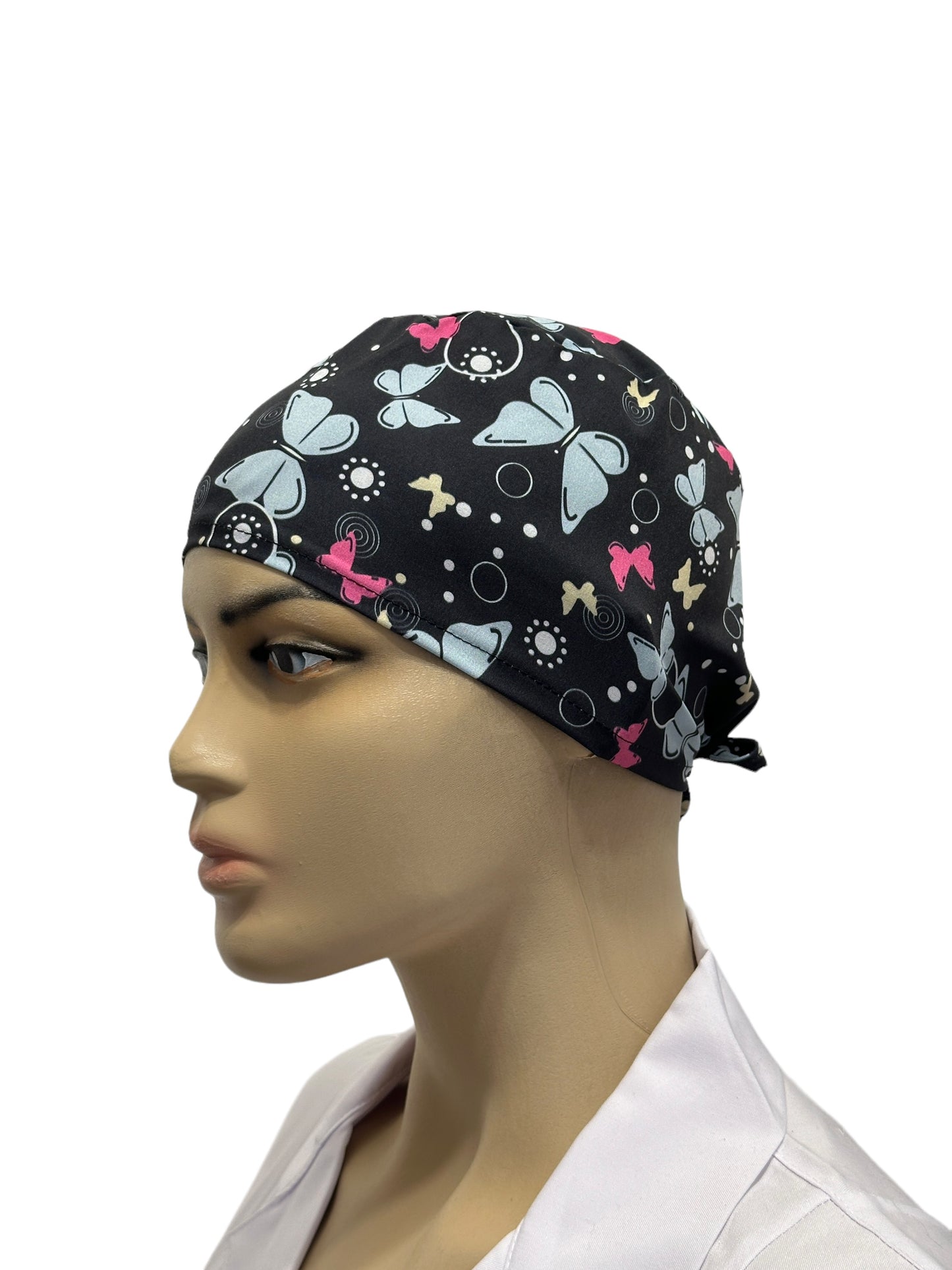 Black unisex medical cap with turquoise butterfly print