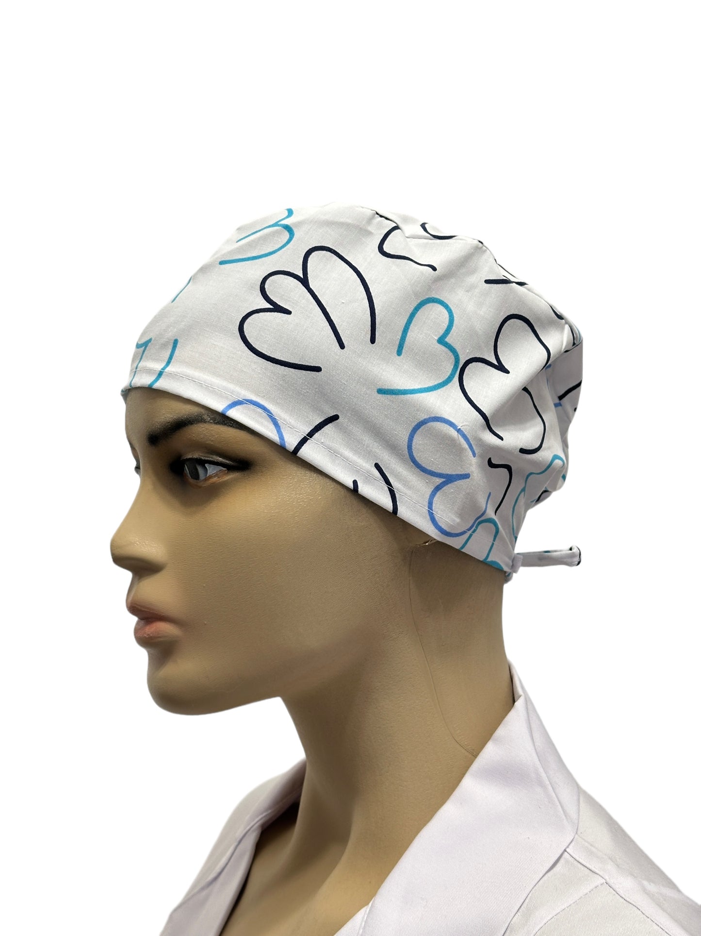 White unisex medical cap with hearts white print