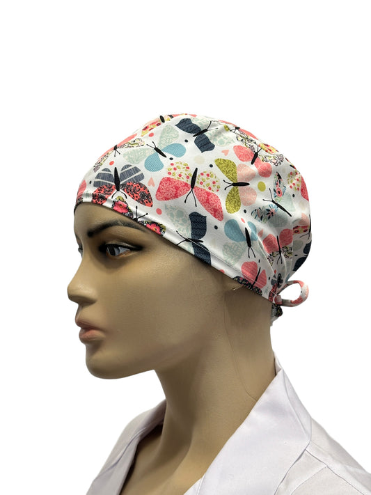 White unisex medical cap with butterfly print