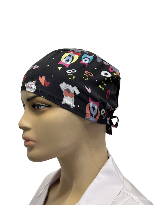 Black unisex medical cap with cat print