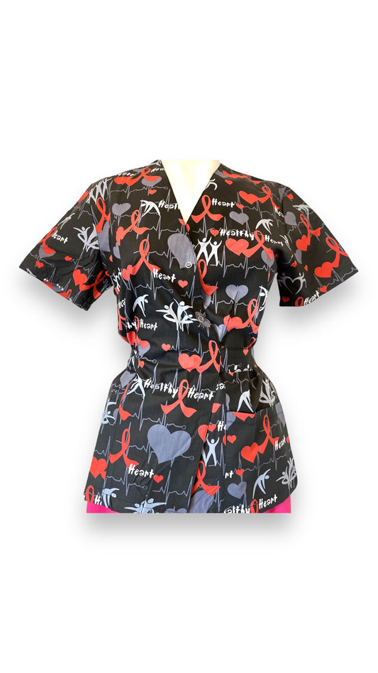 bluza medicala kimono neagra cu imprimeu cardio