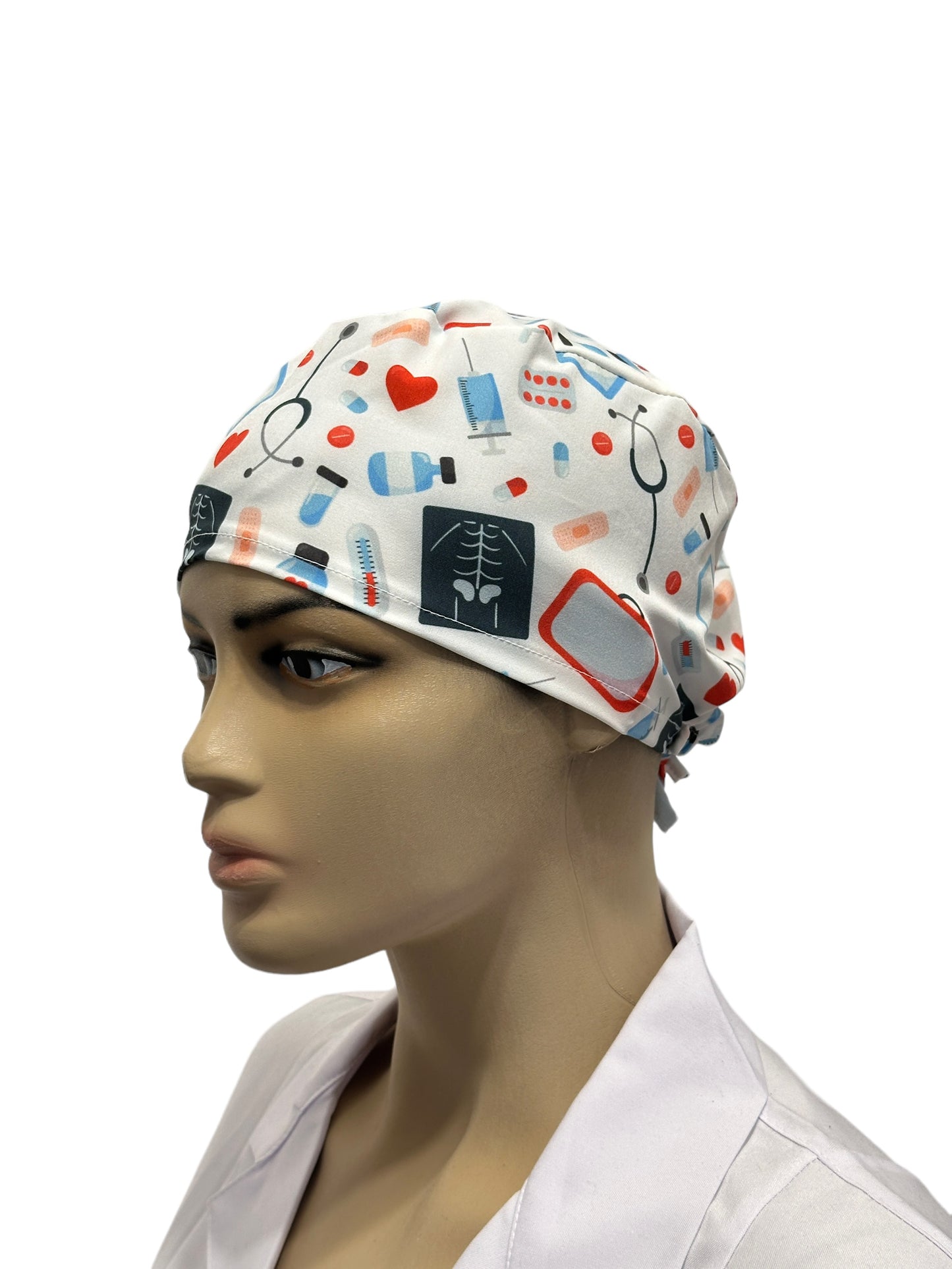 White unisex medical cap with stethoscope print