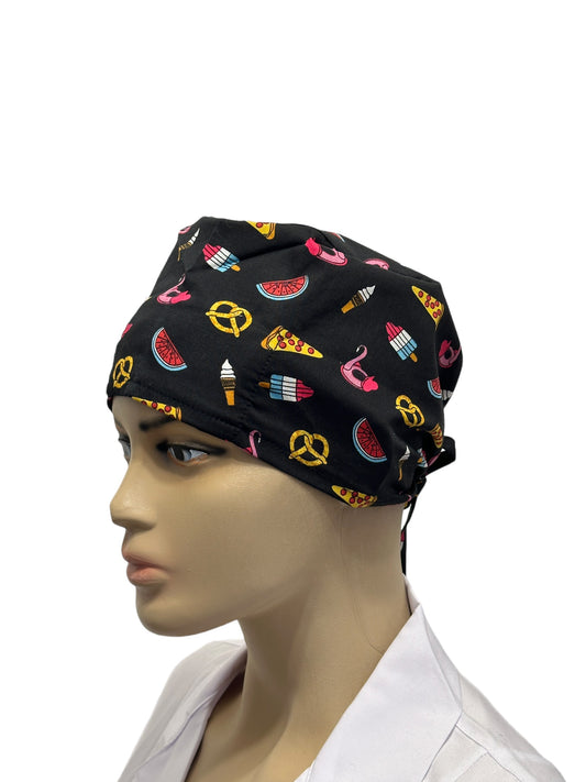 White unisex medical cap with pizza print