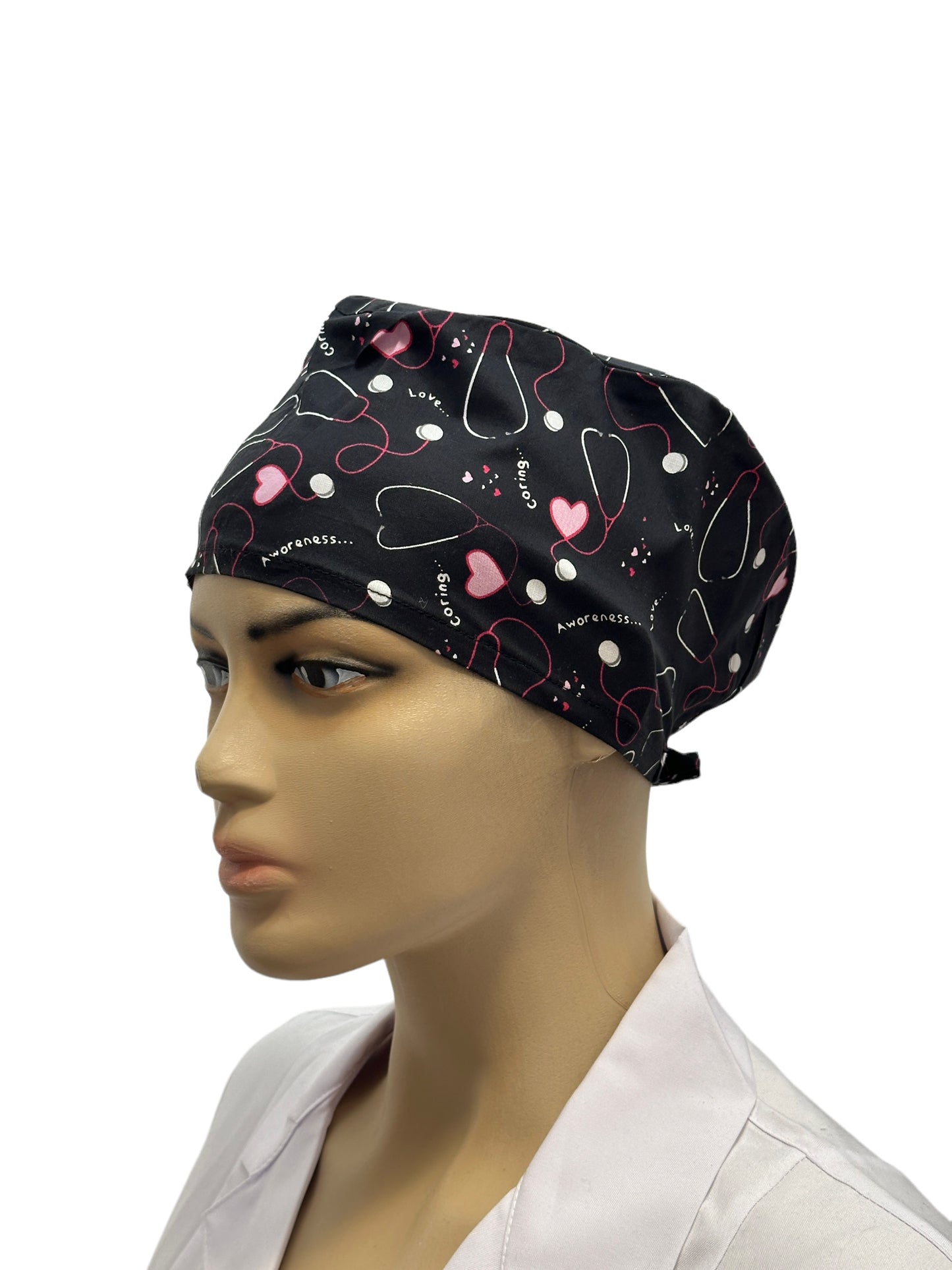 Black unisex medical cap with pink stethoscope print