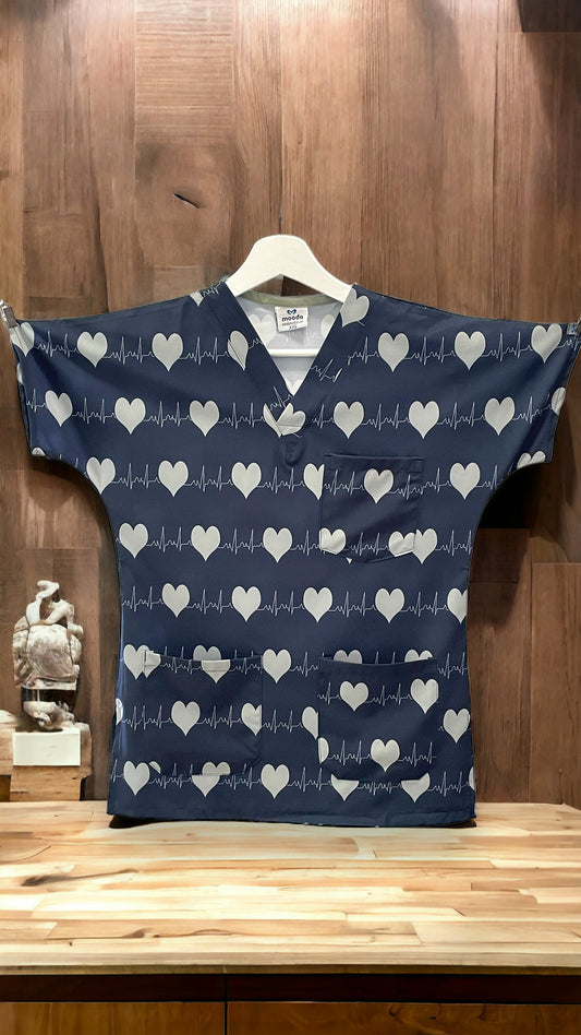 Bluza Medicala Elastan, Bleumarin cu Imprimeu, Femei - Model Rhythm