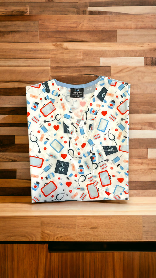 Bluza Medicala Elastan, Albi cu Imprimeu, Femei - Model Stetescop