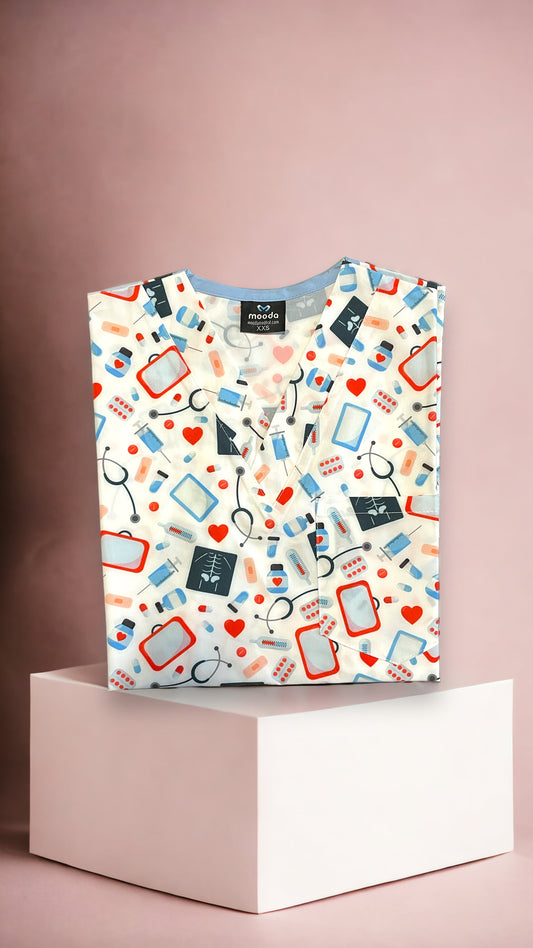 Bluza Medicala Elastan, Albi cu Imprimeu, Femei - Model Stetescop