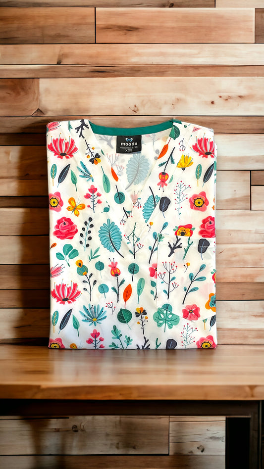 Bluza Medicala Elastan, Albi cu Imprimeu, Femei - Model Tulip / Lalele
