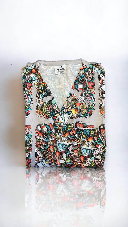 Bluza Medicala Elastan, Gri cu Imprimeu, Unisex - Model All Over