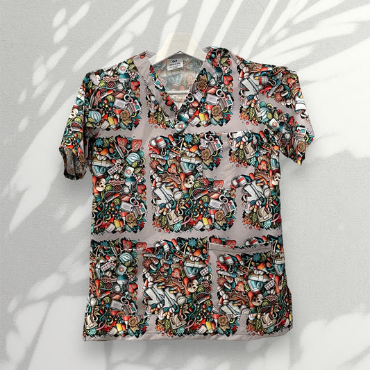 Bluza Medicala Elastan, Gri cu Imprimeu, Unisex - Model All Over