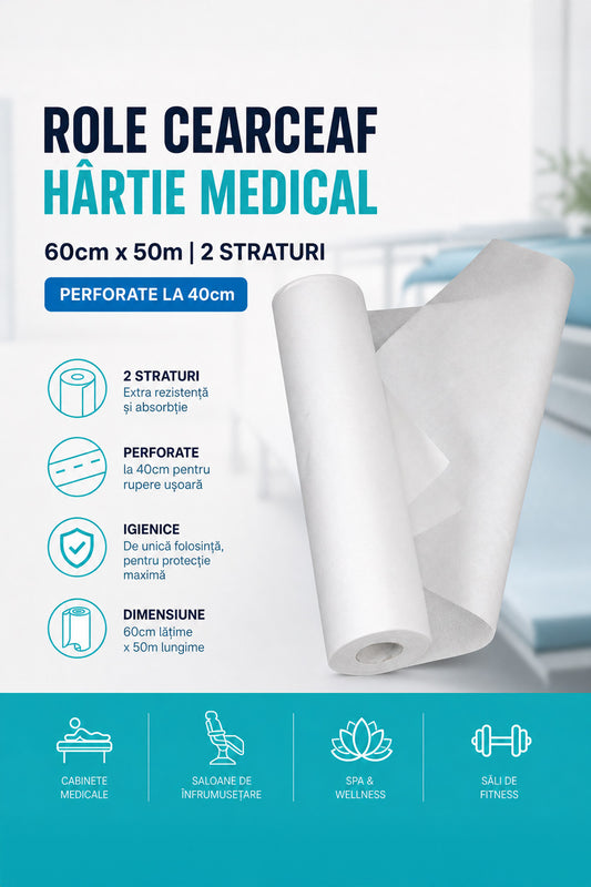 Role Cearceaf Hartie 60cm x 50m, 2 Straturi, Perforate la 40cm