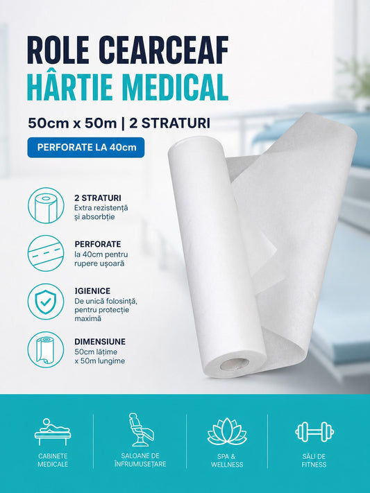Role Cearceaf Hartie 50cm x 50m, 2 Straturi, Perforate la 40cm