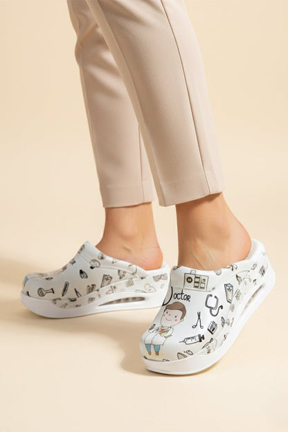 White orthopedic medical clogs with print, unisex - Airmax Doctor White model