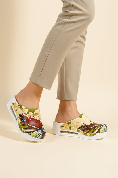 Yellow medical orthopedic clogs with print, women - Airmax Butterfly model