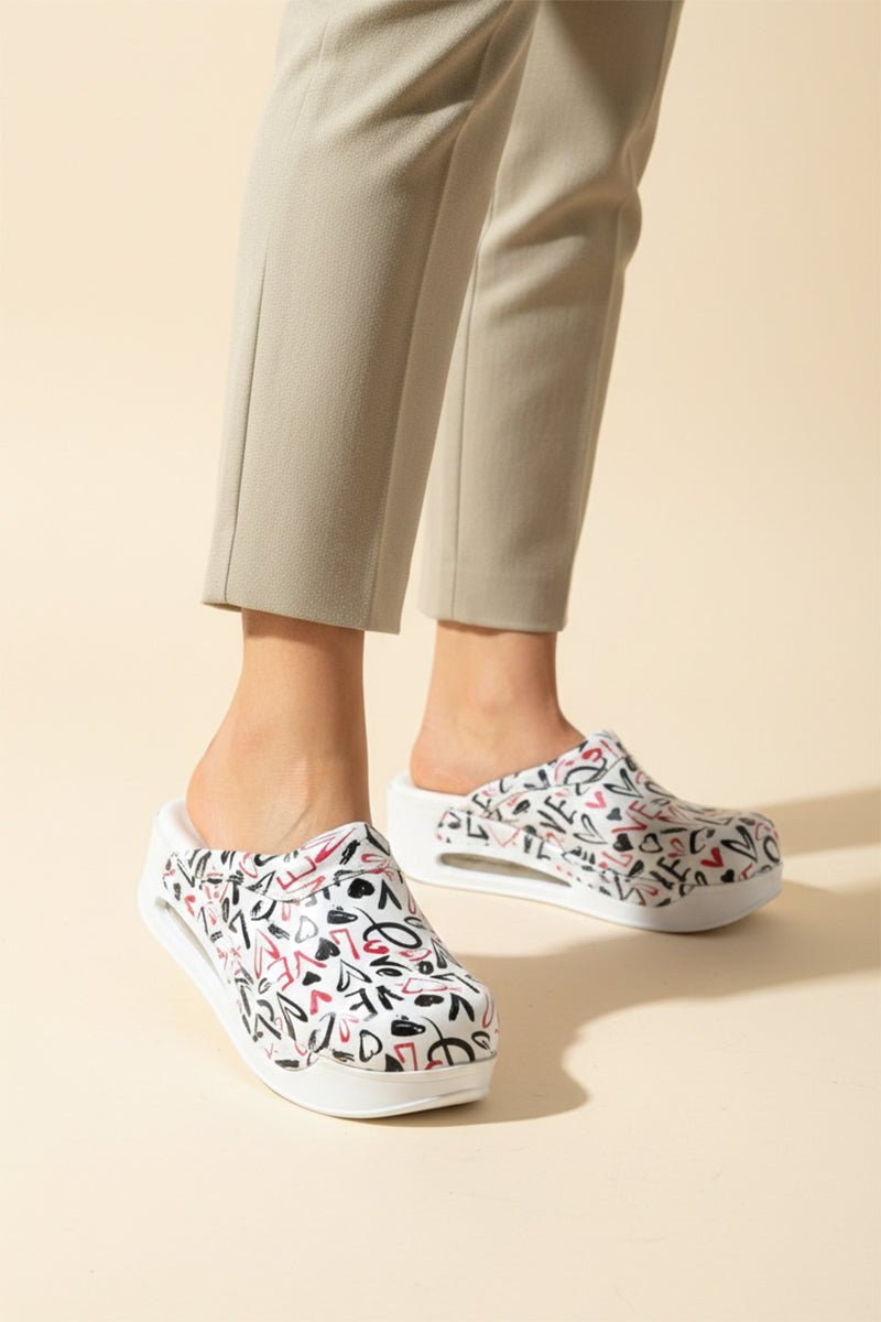 Orthopedic Medical Clogs, White with Print, Women - Airmax Love Model