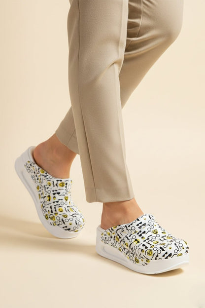 Orthopedic Medical Clogs, White with Print, Women - Airmax Ophthalmological Model