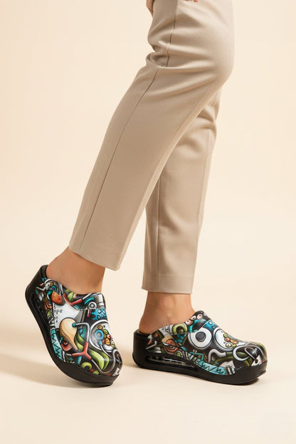 Orthopedic Medical Clogs, Black with Print, Unisex - Airmax Stethoscope Model