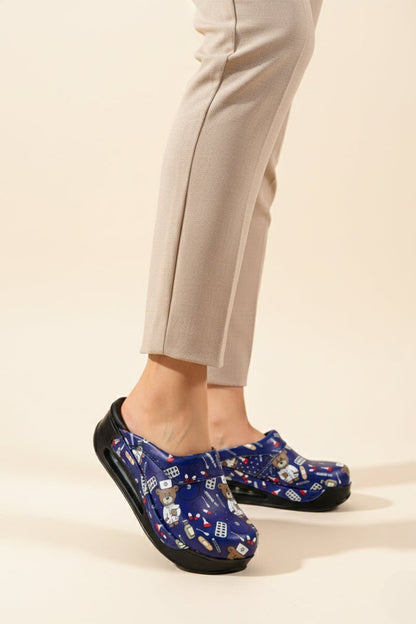 Orthopedic Medical Clogs, Blue with Print, Women - Airmax Teddy Bear Model