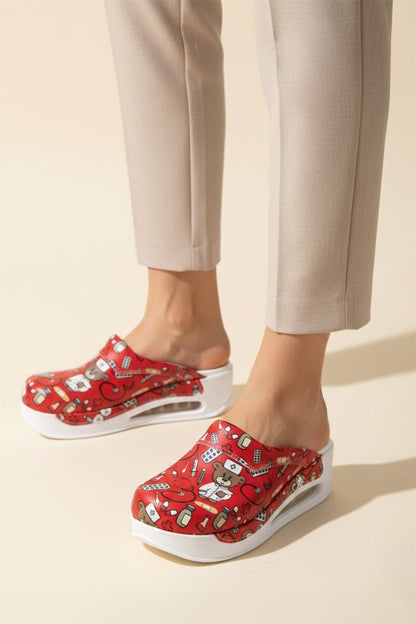 Orthopedic Medical Clogs, Red with Print, Women - Airmax Teddy Bear Model