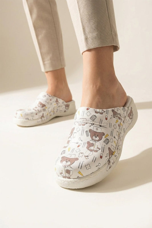 Saboti medicali, culoare gri, cu imprimeu, femei - Model confort Teddy Grey