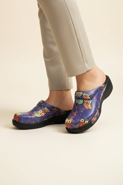 Navy blue orthopedic medical clogs with print, unisex - Bufnita comfort model