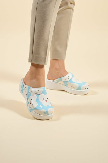 Orthopedic Medical Clogs, Turquoise with Print, Unisex - Dentist Comfort Model