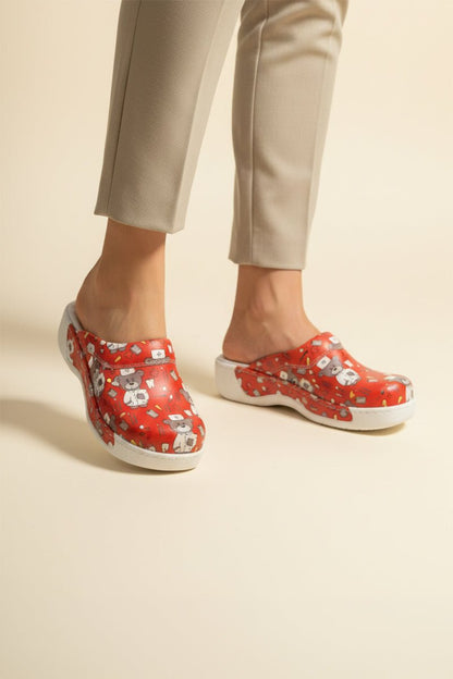 Medical clogs, red color, with print, unisex - Teddy Red comfort model