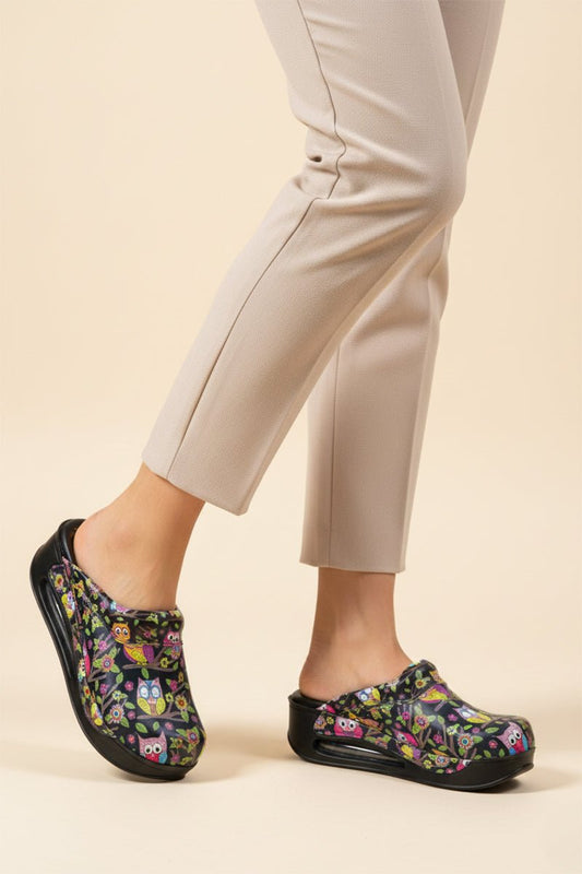 Saboti Medicali Ortopedici, Negru cu Imprimeu, Femei - Model Airmax Bufnite