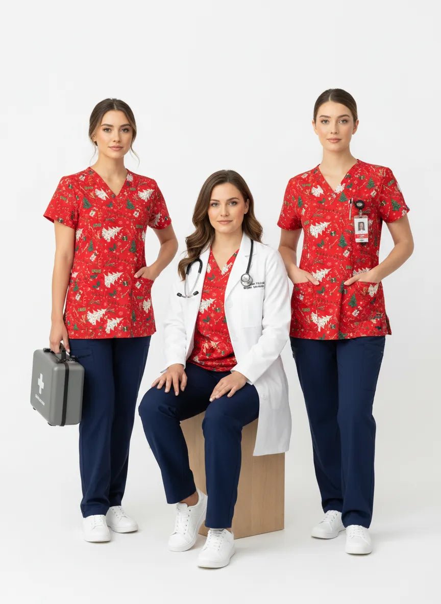 Bluza Medicala Elastan cu Imprimeu, Femei - Scrub Top Uniforma Brad de Craciun