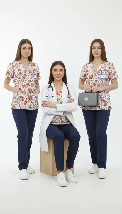 Bluza Medicala Elastan cu Imprimeu, Femei - Scrub Top Uniforma Cookie Dream