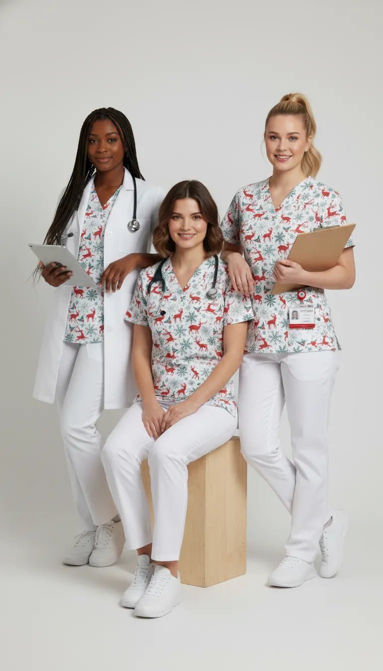 Bluza Medicala Elastan cu Imprimeu, Femei - Scrub Top Uniforma Reni si Zapada