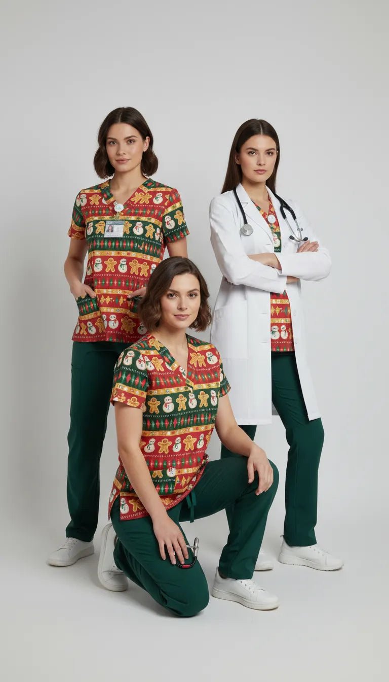 Bluza Medicala Elastan cu Imprimeu, Femei - Scrub Top Uniforma Spirit de Craciun