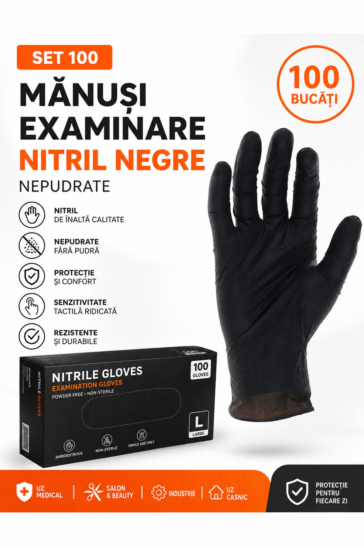 Set 100 Manusi Examinare Nitril Negre, Nepudrate