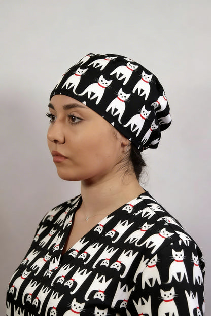 Boneta Medicala Neagra Unisex, Imprimeu Pisici Albe