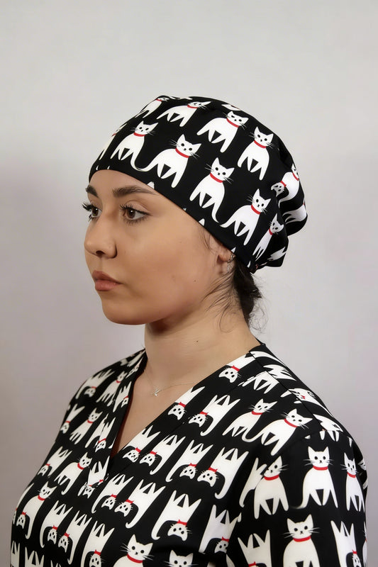 Boneta Medicala Neagra Unisex, Imprimeu Pisici Albe