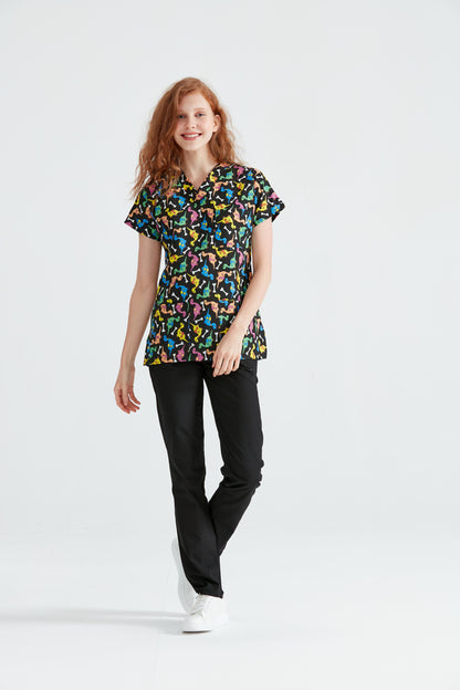 Black Medical Blouse with Print, For Women - Dino Model
