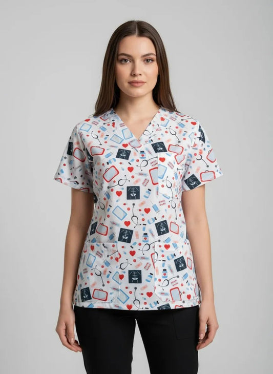 Elastane Medical Blouse, White with Print, Women - Stethoscope Model