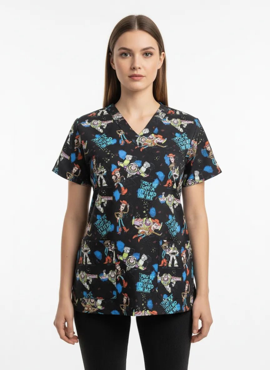 Elasztán orvosi blúz nyomtatással, női - rajzfilm orvosi egyenruha modell