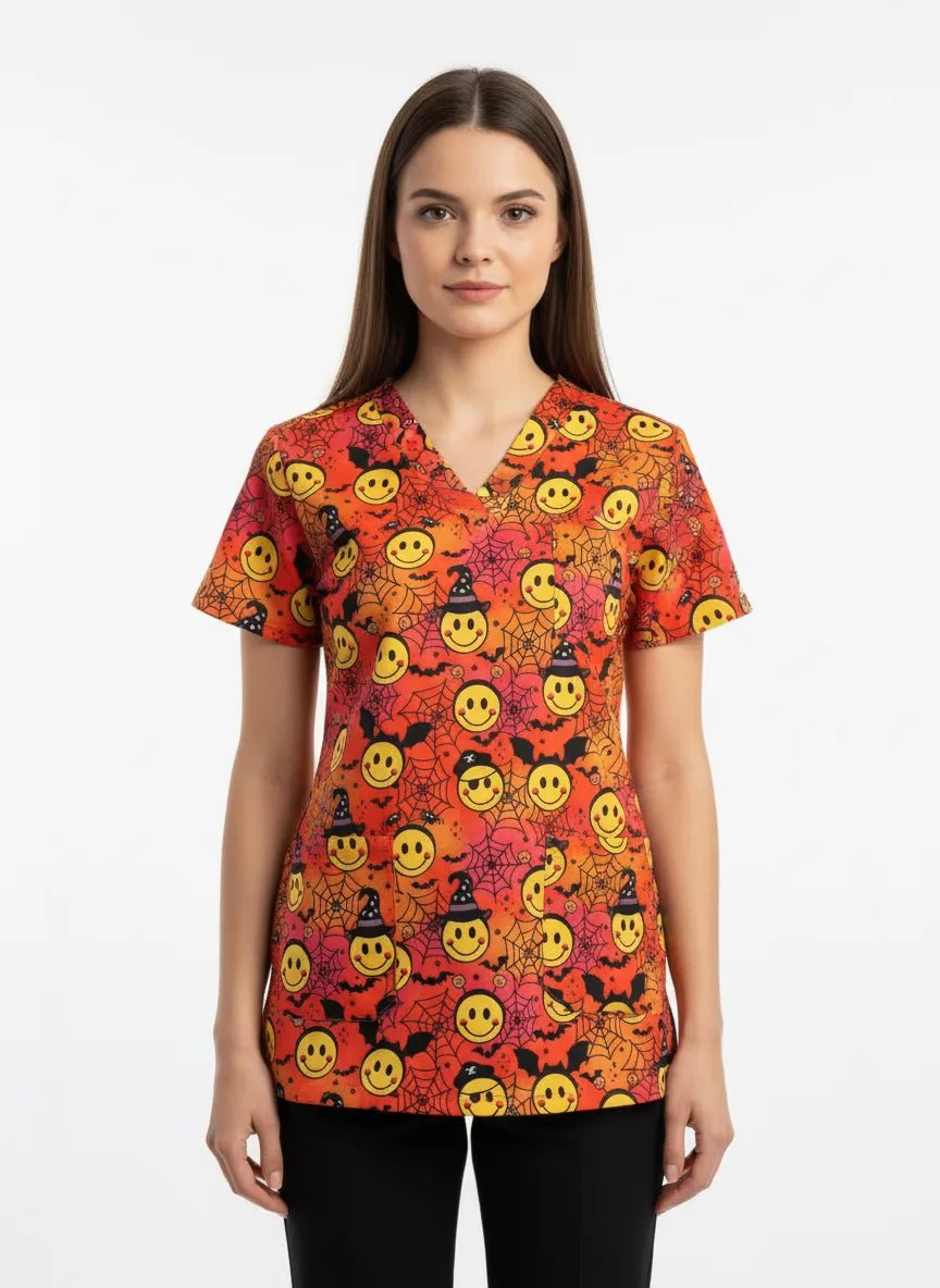 Women's Printed Elastane Medical Blouse - Emoji Halloween Medical Uniform Pattern
