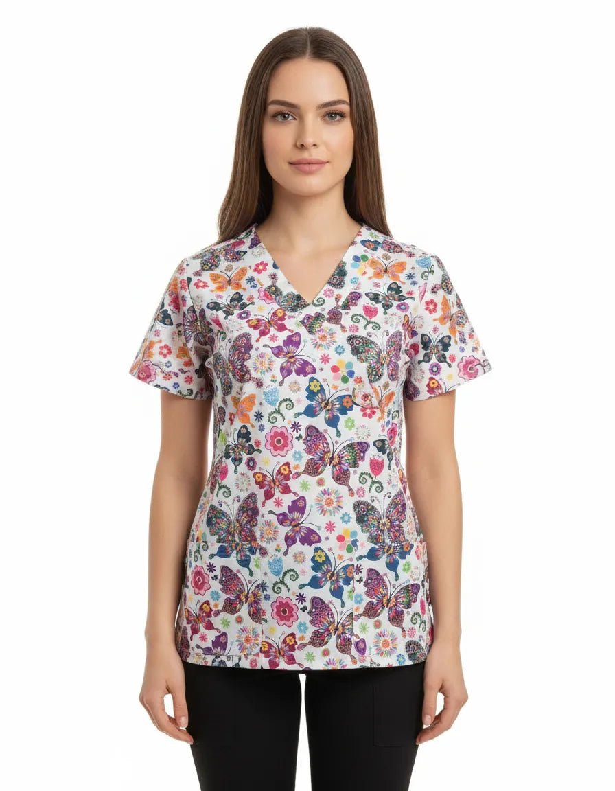 Bluza Medicala Elastan cu Imprimeu, Femei - Model Uniforma Medicala Fluturi Curcubeu
