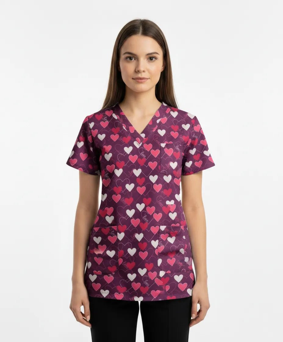 Bluza Medicala Elastan cu Imprimeu, Femei - Model Uniforma Medicala Inimi Roz 2025
