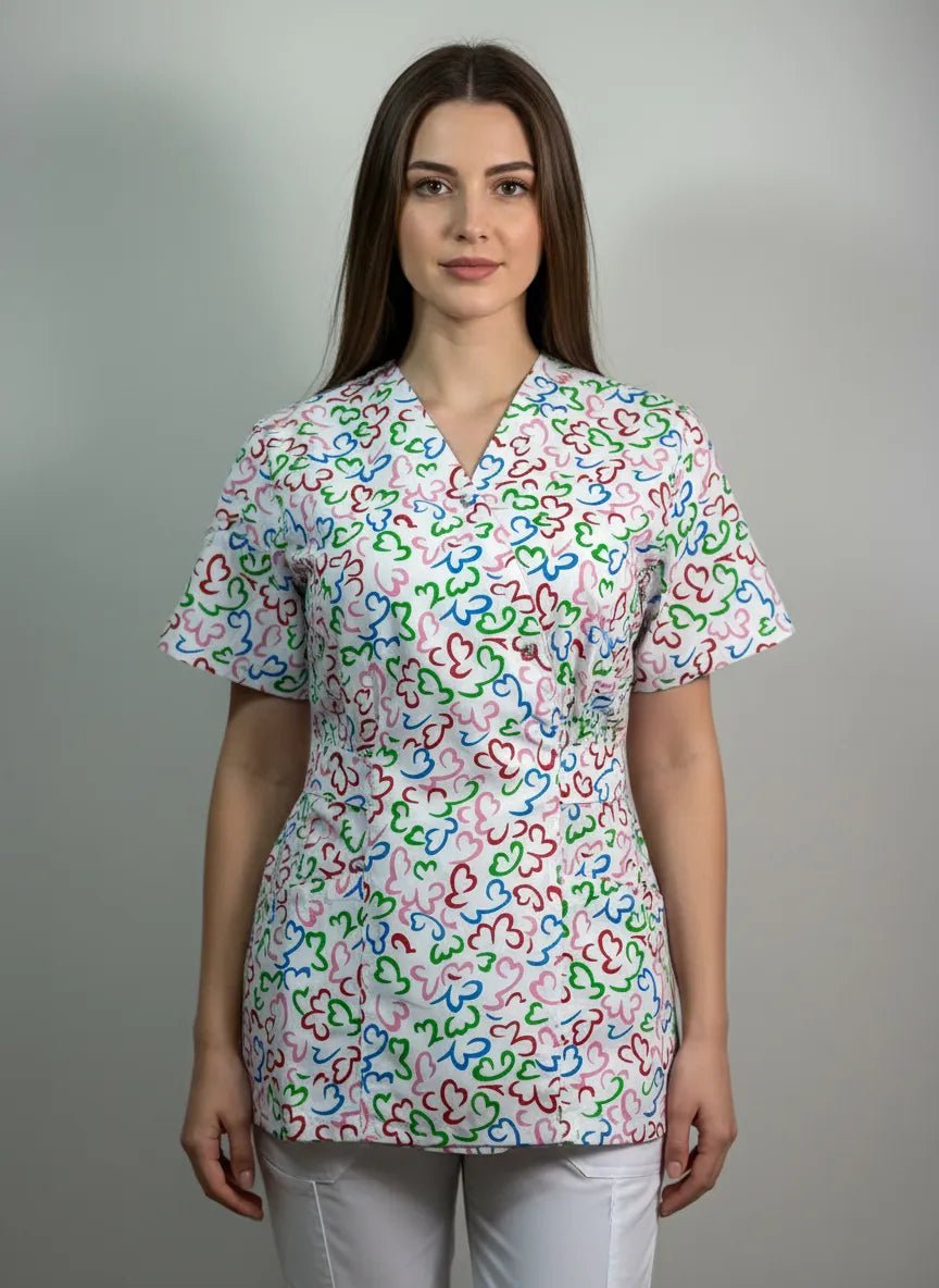 Kimonó orvosi blúz, fehér nyomattal, női - tarka szívek orvosi egyenruha modell