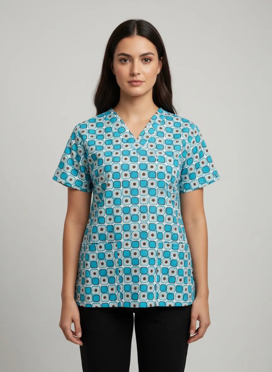 Orvosi blúz nyomtatással, nőknek - kék négyzet alakú modell
