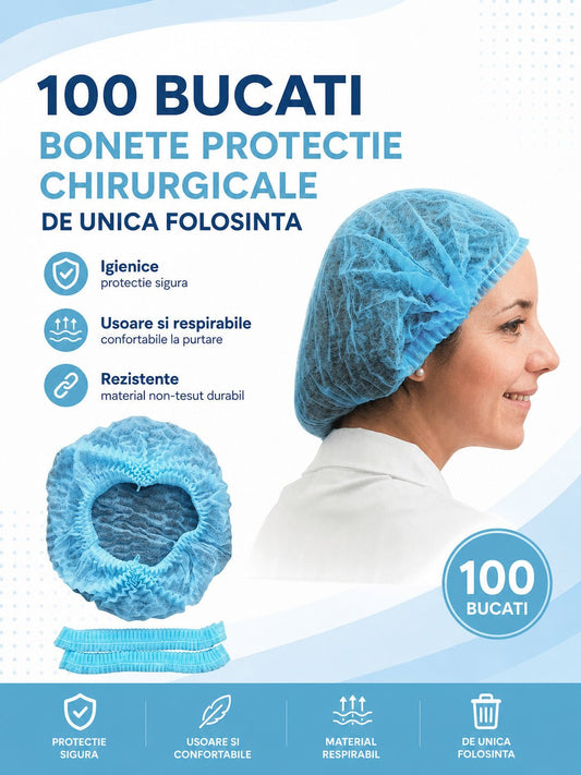 Set 100 Bonete Protectie Chirurgicale Albastre de Unica Folosinta