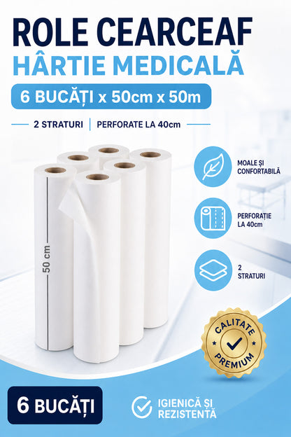 Set 6 Buc - Role Cearceaf Hartie 50cm x 50m, 2 Straturi, Perforate la 40cm