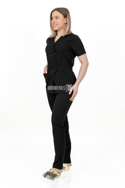 Costum Medical Kimono Elastan Pentru Femei, Culoarea Neagra