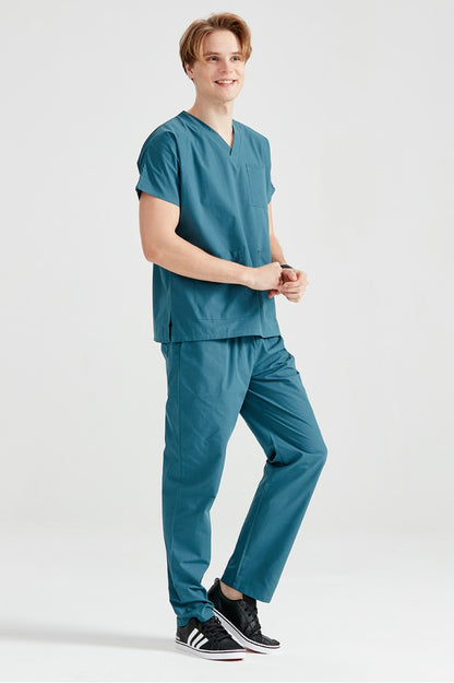 Asistent medical imbracat in costum medical pentru barbati, elastan, verde petrol, vedere din profil