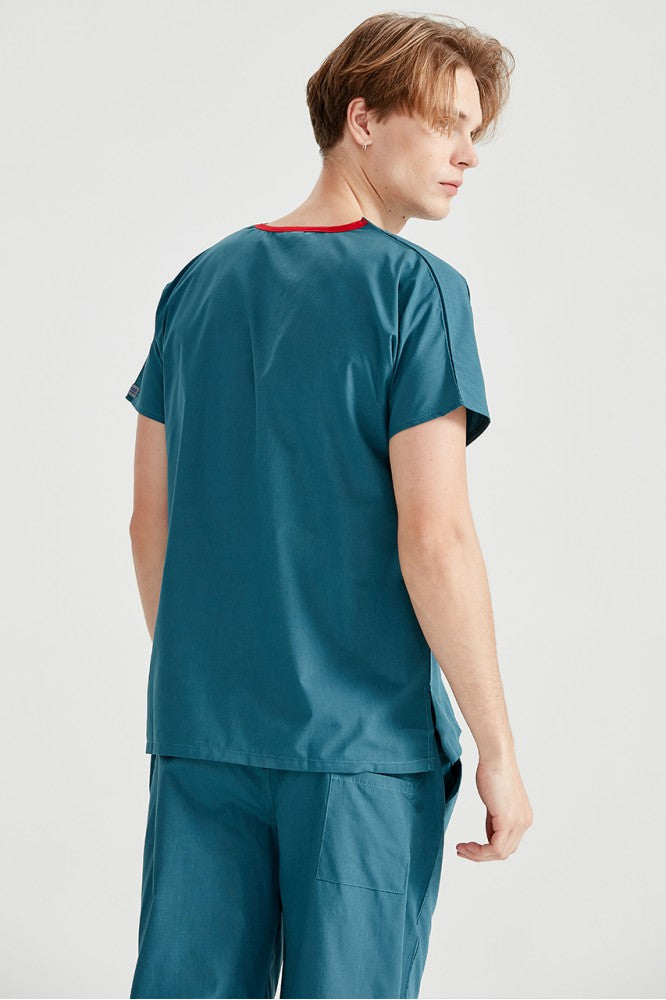 Asistent medical imbracat in costum medical pentru barbati, elastan, verde petrol, vedere din spate