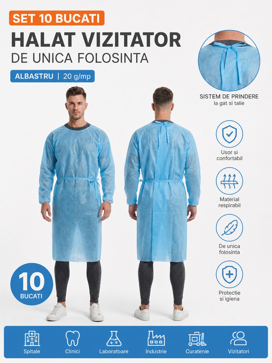 Set 10 Bucati - Halat Vizitator de Unica Folosinta, Albastru, 20 g/mp