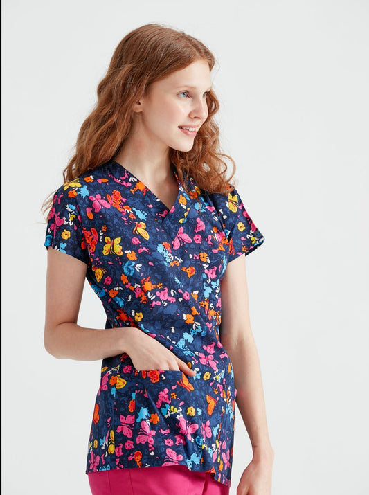 Bluza Medicala Elastan, Bluemarin cu Imprimeu, Femei - Model Fluturi